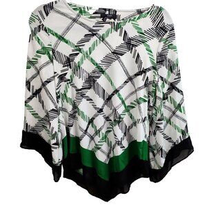 Alfani Womens Top Petite Medium White Black Plaid Angled Hem Flared Sleeve